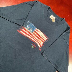 VTG Mens USA Olympics Rings W Fire 3D Graphic Print 100% Cotton Navy Tee (Large)